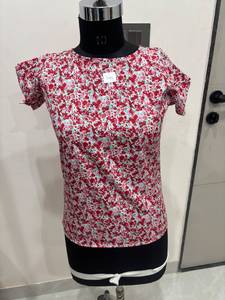 Camiseta de Verano de Algodón Casual con Estampado Floral Rosa, Cuello Redondo, Manga Corta con Volantes, Suave, para Uso Diario, Ropa de Mujer, Exportador Mayorista - Product Image 3