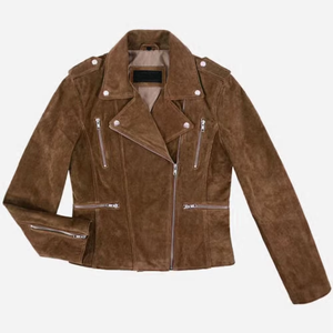 Women's Brown <b>Suede</b> Moto <b>Jacket</b> Full Sleeve Turn-down Collar Zipper Closure Autumn Style Sample Service Available - Product Image 1
