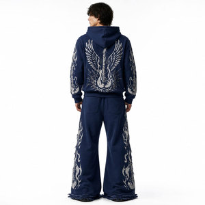 Conjunto de chándal con capucha azul marino para hombre con estampado de alas de guitarra, manga larga, cremallera frontal, ajuste holgado, estilo urbano, conjunto deportivo - Product Image 3