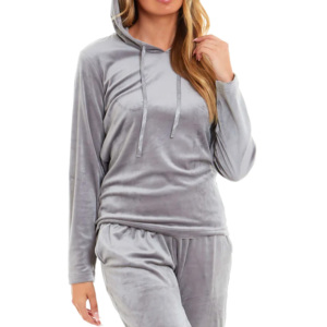 Ensemble de survêtement en velours à capuche pour femme, couleur unie, pantalon long, poches latérales, tenue décontractée d'hiver, coupe ample, manches longues - Product Image 2