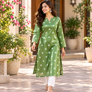 <b>Women</b> O Neck Empire Waist Patchwork Green Vintage <b>Kurta</b> Organic Cotton Woven Eco Friendly Washable Long Silk Lining Ethnic Wear - Product Image 2
