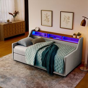 Twin-Size Upholstered Sofa Bed with Adjustable Headboard & Three LED <b>Lights</b> Foldable Legs & Storage Convenient <b>Pull</b> Trundle Bed - Product Image 4