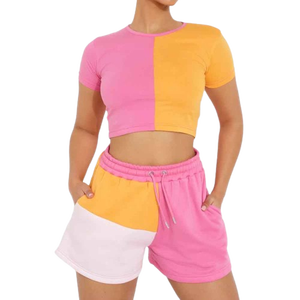 Ensemble de shorts 2 pièces pour femmes, couleur contrastée, haut court à manches courtes, rose jaune, sportif, décontracté, printemps été - Product Image 3