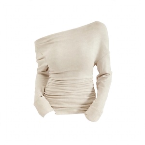 Blusa de un solo hombro con fruncido y manga larga para mujer, cuello asimétrico, ajuste ceñido, estilo casual, color liso, moda urbana - Product Image 1