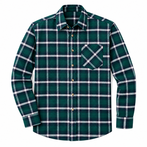 Camisa de franela a cuadros verde para hombre, manga larga, de algodón, informal, con botones, al por mayor, camisa personalizada para hombre - Product Image 1