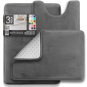 Modern 3-Piece Dark Gray Bath <b>Mats</b> <b>Set</b> Rectangle Non-Slip Rubber Backing Microfiber Thick Tufted for Home <b>Bathroom</b> Use - Product Image 2
