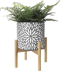 Modern Metal Flower <b>Pot</b> with White Circular Pattern on Wooden Stand for Indoor Use - Product Image 1