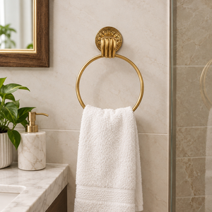 Anneau porte-serviette rond en laiton antique avec plaque arrière à médaillon en relief et support cannelé, accessoire de salle de bain mural classique - Product Image 2