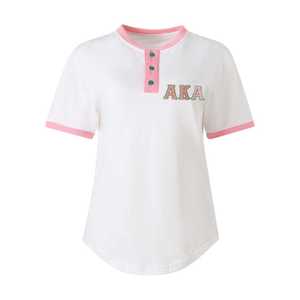 AKA เสื้อเชิ้ตเฮนลีย์สีขาวสำหรับผู้หญิง ปักลายตัวอักษรกรีก กระดุมติดแบบติดกระดุม เสื้อลำลองระดับพรีเมียม ผ้าคุณภาพสูง สวมใส่สบาย - Product Image 1