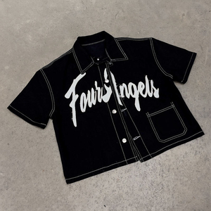 Four Angels Black <b>Denim</b> Short Sleeve <b>Crop</b> <b>Jacket</b> Men Street Style Regular Fit With Letter Print Front Pocket White Stitching - Product Image 1