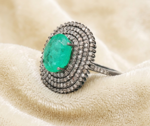 Colombian <b>Emerald</b> and Diamond Gemstone Bezel Setting IGI Certified 925 Sterling <b>Silver</b> Victorian Handmade Cocktail <b>Ring</b> - Product Image 6