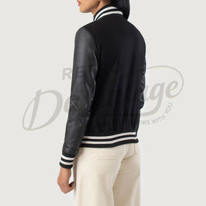 Premium Women Varsity <b>Jacket</b> Real Leather Sleeves Wool Blend Body Classic Letterman <b>Bomber</b> <b>Jacket</b> Slim Fit Casual Outerwear - Product Image 5