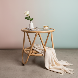 Mesa de Centro Redonda de Ratán Natural Moderna con Tapa de Vidrio, Mesa Auxiliar Pequeña para Sala de Estar o Balcón, Muebles Artesanales al por Mayor - Product Image 1