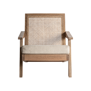 Mid-Century Modern Outdoor Lounge <b>Chair</b> Solid Teak Premium Woven <b>Cane</b> Backrest Thick Upholstered Cushion Durable Furniture - Product Image 3