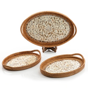 Rattan Wicker Trays with Mother of Pearl Inlay MDF Base and Insert Handle for Fruit Serving, <b>Coffee</b> <b>Table</b> Trays Handmade - Product Image 5
