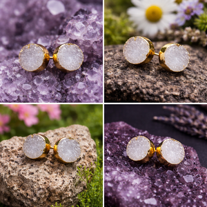 Natural Druzy Quartz Round Stud <b>Earrings</b> Gold Electroplated Bezel Set Crystal Stone Jewelry - Product Image 2
