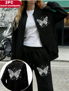 Women 2 Piece Tracksuit Set Black Butterfly Rhinestone Print Zipper Jacket Sweatpants Casual Loose Fit All Seasons Wear - Product Image 1