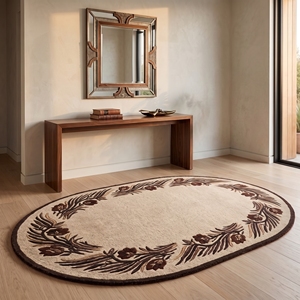 Tapis rond moderne à bordure florale, fait main, tufté, crème et marron - Product Image 4