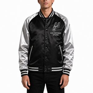 Chaqueta Retro de Satén para Jóvenes y Adultos, Diseño del Equipo de Baloncesto San Antonio Spurs, Color Negro y Plateado, Bordado, Ropa Deportiva, Venta al Por Mayor OEM - Product Image 2