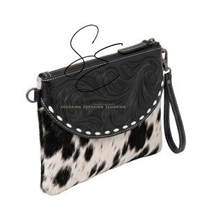 SEHRAINN Women's Cowhide <b>Wristlet</b> Clutch Zipper Bag Black Embossed Leather With Hairon Pattern Daily Use Cowgirl Gypsy Purse - Product Image 2