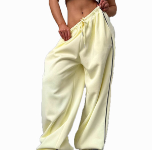 Pantalon Harem Taille Haute Femme en Coton Éponge Couleur Unie avec Cordon de Serrage Coupe Ample Longueur Entière Décontracté Été - Product Image 4