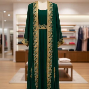 Takchita Kaftan Marocaine de Luxe Vert Royal Brodé en Chiffon Premium, Robe de Soirée Élégante avec Détail de Bordure en Dentelle Dorée - Product Image 1