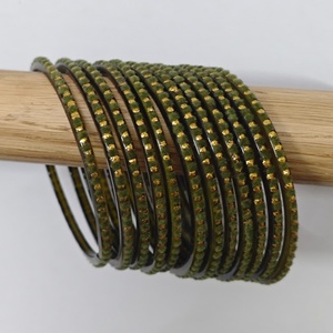 Elegant Green Glass <b>Bangles</b> Set with Velvet Work and Gold Studded Design Traditional Handmade Women Jewelry - Product Image 3