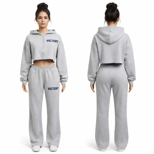 Women Grey Tracksuit Set Crop Hoodie & Jogger Pants Casual Sportswear Victory Print Two Piece Athleisure Outfit - Product Image 1