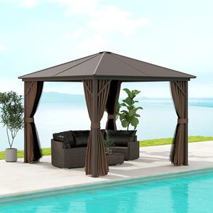 Gazebo con Tetto Rigido 3x3m Marrone Scuro, Struttura in Alluminio per Patio e Giardino con Tende a Gancio, Padiglione Permanente per Cortile - Product Image 2