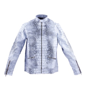 Veste en cuir PU bleu pour homme, style motard, col mandarin, fermeture éclair, coupe ajustée, longueur normale, motif crocodile embossé - Product Image 1