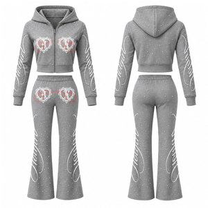 Chándal Gris con Capucha para Mujer, Cierre Completo con Cremallera, Bolsillos Laterales, Estampado Digital, Estilo Casual - Product Image 1
