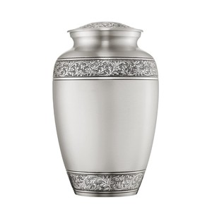 Handcrafted Silver Metal Cremation Urn With Intricate Floral Engraving Large Adult Funeral Urn Matching Mini Keepsake For Human - Product Image 1