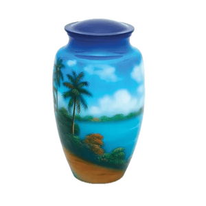 Urna Funeraria Insh Overseas, Hecha a Mano, Estilo Americano, con Palmeras Oceánicas Pintadas a Mano, de Metal Sólido, para Adultos, Capacidad de 220 Pulgadas Cúbicas - Product Image 1