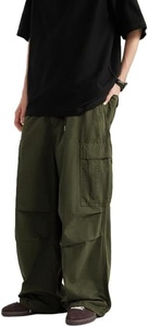 Pantalon cargo vert olive pour homme, taille élastique avec cordon de serrage, plusieurs poches, coupe décontractée ample, en toile mi-lourde, idéal pour l'automne - Product Image 6