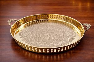 Handmade Embossed Pure Brass Puja Thali with Handle 12 Inch Round Pooja Plate Traditional Aarti Thali for Home Temple <b>Mandir</b> - Product Image 2