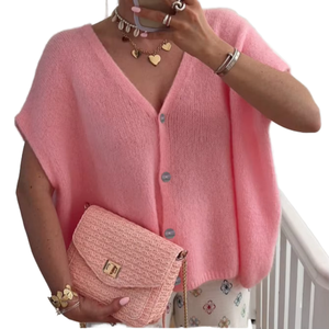 Women's Pink Knitted Cardigan V-Neck Sleeveless Casual Spring Solid Color Button Front 100% Acrylic Sweater - Product Image 1