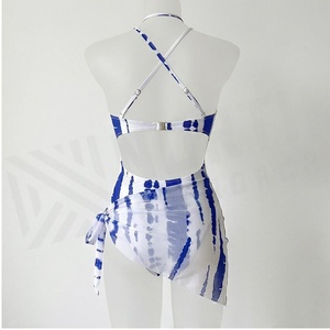 Women One Piece Swimsuit Blue White Tie Dye <b>Crossed</b> Halter Asymmetric Wrap Side With Drawstring Bandeau Style - Product Image 2