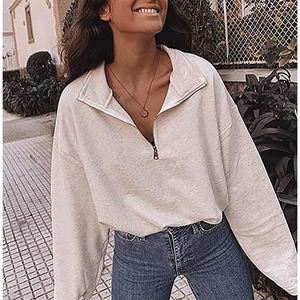 Best Long Sleeve Woman Blank Sweater Half <b>Zip</b> Cotton Street Pullover Girls Grey Autumn Stand Collar Comfy Polo Sweatshirt - Product Image 2