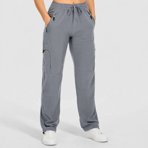 Pantalon cargo gris pour femme, taille mi-haute, cordon de serrage, coupe ample, longueur intégrale, plusieurs poches, style décontracté, pour le printemps - Product Image 1