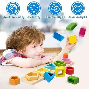 Juguete de Madera para Clasificar y Apilar Formas, Rompecabezas de Bloques Geométricos Montessori, Reconocimiento de Colores, Juguete de Aprendizaje de Motricidad Fina para Niños Pequeños - Product Image 3
