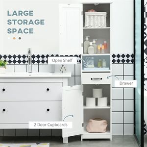 Mobiletto Alto Bianco Salvaspazio per Bagno, Armadio a Colonna con Ripiani Aperti, Cassetti e Ante a Scomparsa, Ripiani Regolabili in MDF, Ideale per Uso Ospedaliero - Product Image 4