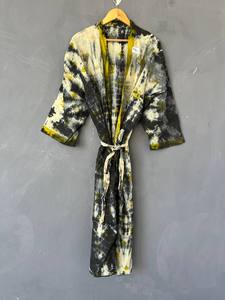 Bata Kimono de Algodón Teñido a Mano con Cuello en V para Mujer, Bata Larga Estilo Bohemio, Kimono de Algodón Colorido, Cubierta Ligera para Playa - Product Image 5