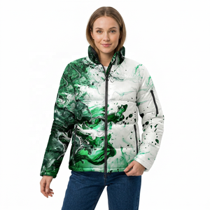 Unisex Green Abstract Print <b>Fleece</b> Puffer Jacket Hooded Collar <b>Zipper</b> Closure Long Casual Winter Eco-Friendly Front - Product Image 4