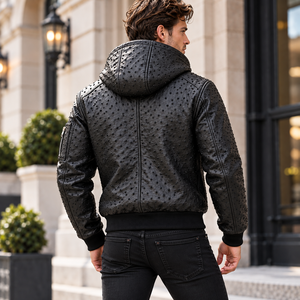 <b>Men</b>’s Embossed Black Ostrich <b>Leather</b> Hooded <b>Bomber</b> Jacket /<b>Leather</b> Puffer Style with Textured Finish for <b>Men</b> - Product Image 5