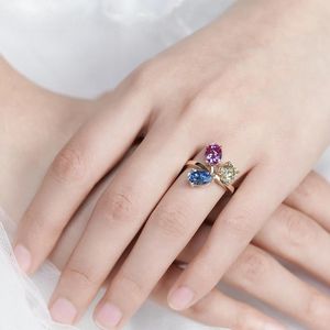 Bague à trois pierres en moissanite rose, bleue et jaune, bande ouverte pour femme, bijoux originaux en argent 925, bijoux uniques pour cadeau de mariage - Product Image 3