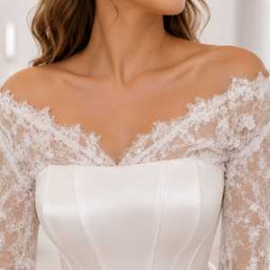 Vestido de Novia Sirena con Hombros Descubiertos, Elegante Vestido de Novia de Satén con Mangas Largas de Encaje, Vestido de Novia de Diseñador, Vestido de Novia Blanco - Product Image 4