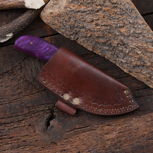 Couteau de chasse et de camping à lame fixe en acier Damas, manche en résine, lame pleine longueur, couteau personnalisé OEM/ODM, étui en cuir - Product Image 6