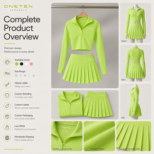 Ensemble de tennis respirant en maille pour femme avec jupe-short zippée, extensible, léger et ajusté, vert - Product Image 4