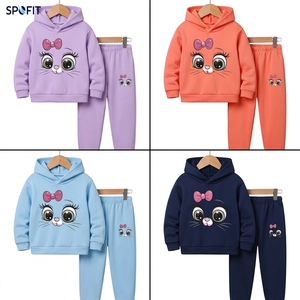 Ensemble sweat à capuche et pantalon pour filles, motif chat rose de dessin animé, 100 % coton, survêtement décontracté d'automne, manches longues, taille élastique - Product Image 3