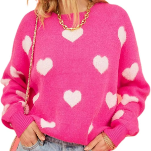 Sweat-shirt pour femme à motif cœur mignon en relief, col rond décontracté, pull tricoté pour la Saint-Valentin - Product Image 4